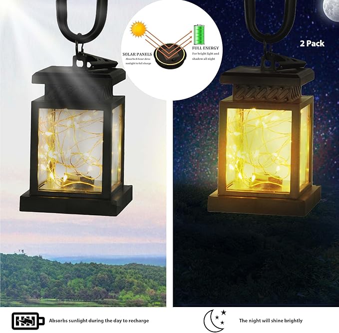 JHY DESIGN Set of 2 Black Solar Lanterns Outdoor Waterproof Solar Powered Table Lamp 5" H Hanging Lanterns with Warm LED Fairy String Lights for Patio Garden Landscape Decoration Yard Lawn（with Clamp）