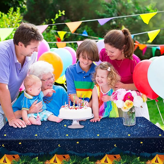 Chinco 5 Pieces Camping Tablecloth Party Decorations Campfire Plastic Rectangular Table Cover Camp Birthday Party Supplies Picnic Hiking Adventure Supplies