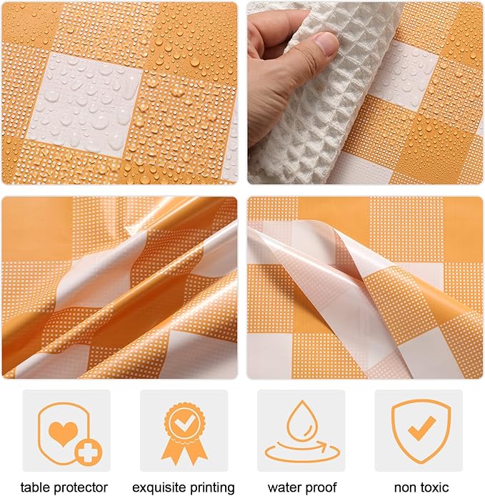 Remagr 3 Pcs Orange and White Checkered Table Cloth 54 x 108 Inch Disposable Buffalo Plaid Plastic Table Cloth Waterproof Rectangle Gingham Tablecover for Picnic, Dining, Birthday Party Decor