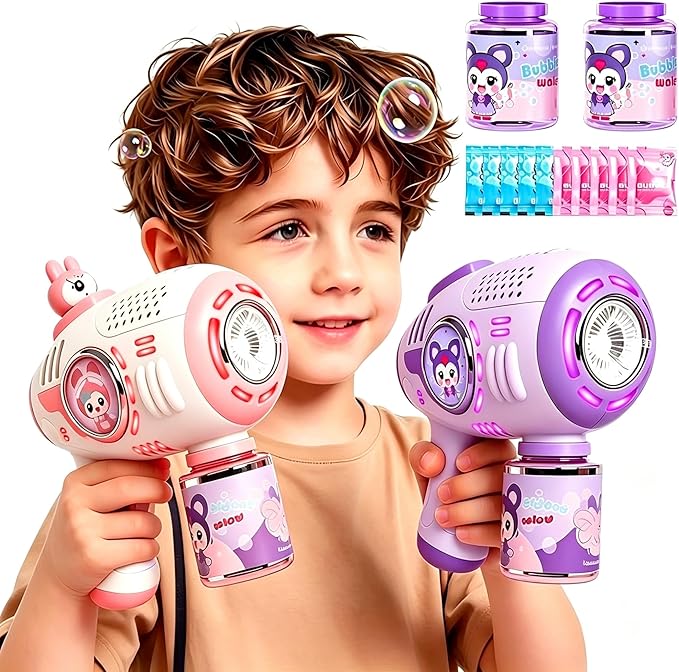 Kids' Bubble Gun, 4 Bottles of Bubble Solution Plus 20 Packets of Bubble Liquid, Toddler Bubble Gun, Sizes 1-3 (4-8), Party Gift, Summer Toy, Outdoor, Easter, Birthday Gift, for Boys and Girls.