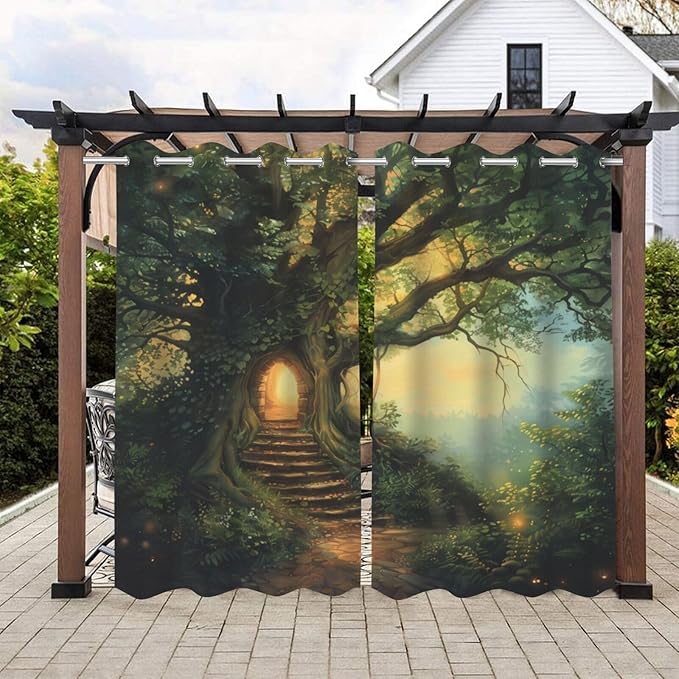 Fantasy Theme Waterproof Indoor/Outdoor Curtains,Forest Pattern,UV and Fade Resistant Outside Curtains for Gazebo, Front Porch, Pergola,2 Panel,54 x 96 inch,Green