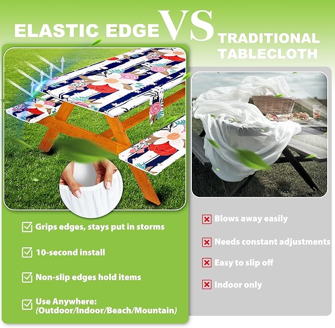 Fitted Picnic Table Cover with Bench Covers Set, Waterproof Lightweight Rectangle 72in Folding Table Cloths Canopy Shade Slipcover Cool Unique Fun Camping Gift for Camper Women Men Family Rv Owners