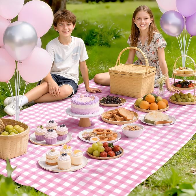 1 Pack Pink Striped Gingham Tablecloths, 54 x 108 Inch Disposable Plastic Rectangle Table Covers, Waterproof Pink and White Checkered Pink Table Cloths for Picnic, Birthday, Party, Outdoor Events