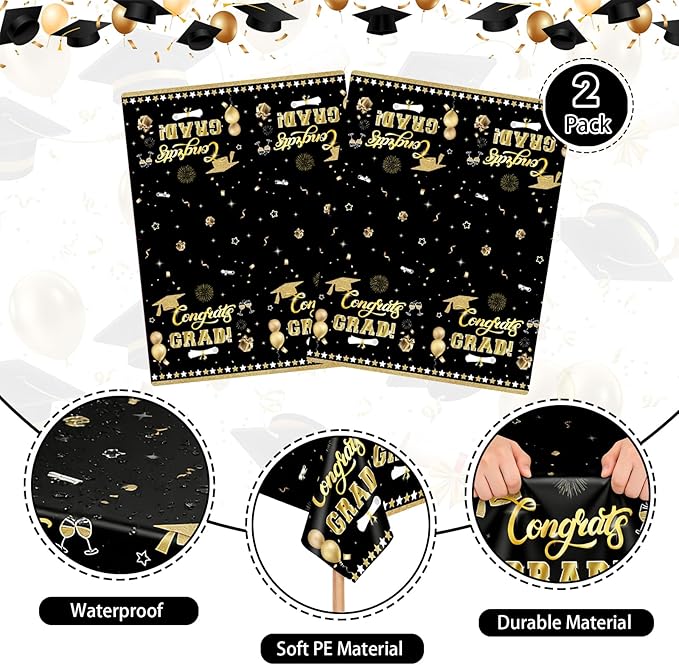 2Pcs Graduation Tablecloth, Graduation Decorations Black and Gold Class of 2026 Congrats Grad 54 x 108 inches Disposable Plastic Tablecloths for Graduation Party Decor Grad Plastic