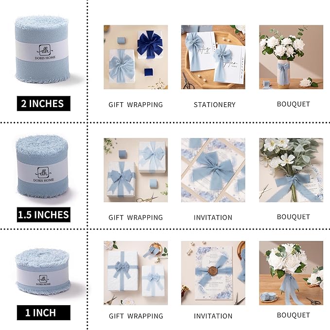 DORIS HOME Dusty Blue Chiffon Ribbon for Flower Bouquet, 2" x21Yd Fabric Ribbon for Gift Wrapping, Handmade Frayed Ribbon for Wedding, Chiffon Silk Ribbon for Christmas Decorations