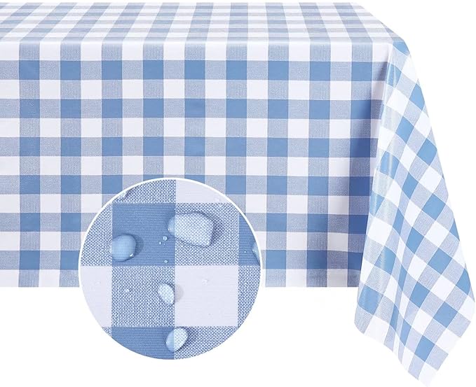 Romanstile Rectangle Vinyl Tablecloth, 100% Waterproof Buffalo Gingham Plastic Table Cloth, Heavy Duty Wipeable Checkered Table Covers for Outdoor, Camping, Picnic, Patio - 60 x 84, Light Blue