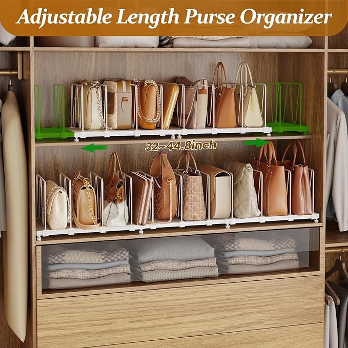 Dmevkic 11-Pack Adjustable Shelf Dividers, Expandable Purse Organizer for Closet (32–44.8"), Purse Storage Handbag Organizer for Closet Shoe Cabinet，White