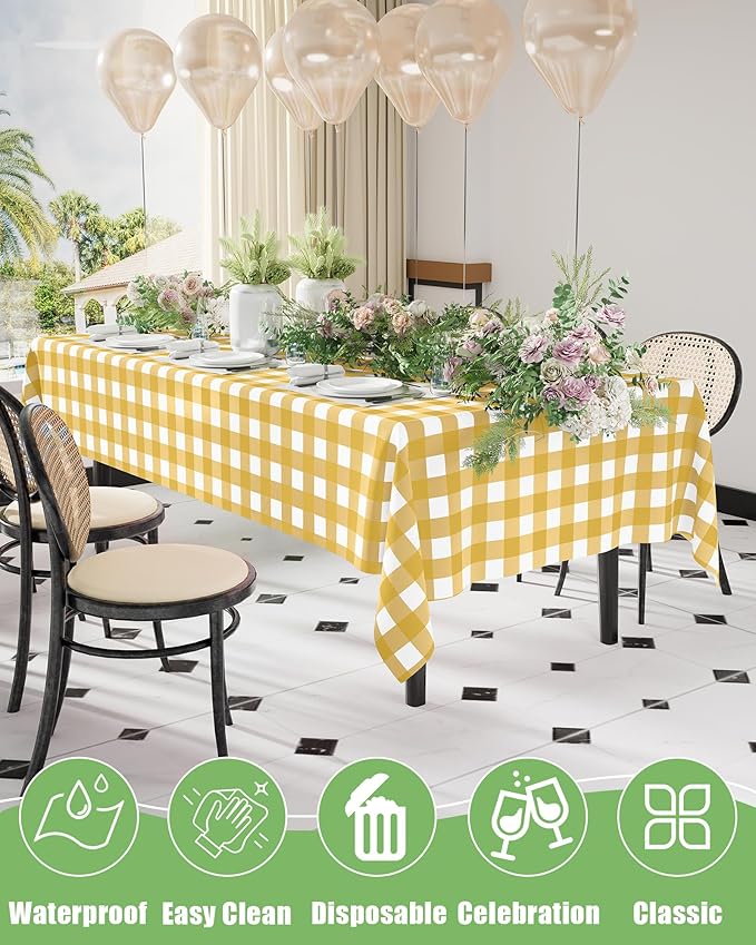 Smiry 20 Packs Gingham Disposable Table Cloth, 54 x 108 Inch Waterproof Plastic Tablecloth, Rectangle Gold and White CheckeGold Table Covers for Picnic, Birthday, Party