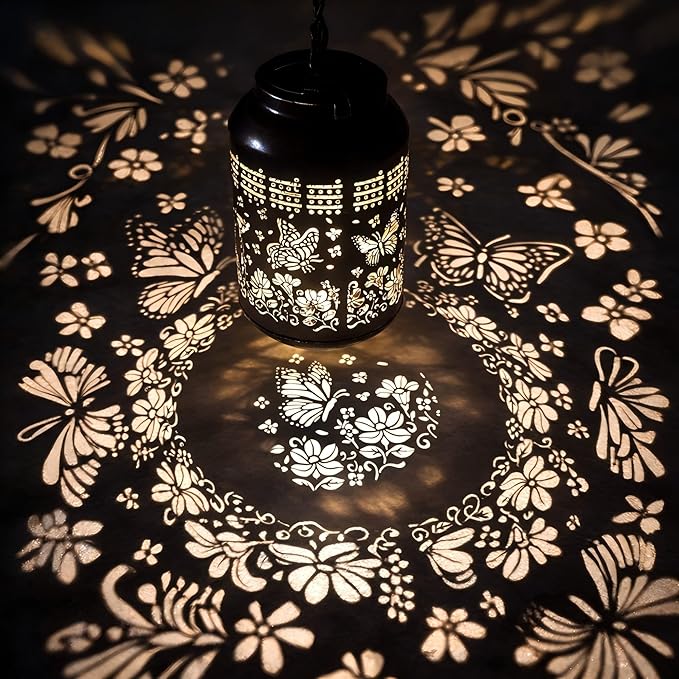 Solar Lanterns Outdoor Waterproof - Retro Metal Hanging Solar Lights with Butterfly Pattern on Bottom, Decorative Garden Decor for Outside Tree Porch Yard, Unique Birthday Gifts for Women Mom Grandma