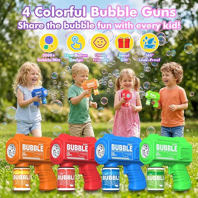 Panacare 4 Pack Bubble Gun 6 Holes with LED Night Light 10000+Rich Bubbles Automatic Bubble Gun Blower for Kids, Summer Outdoor/Indoor/Party/Birthday/Wedding Best Gifts for Kids
