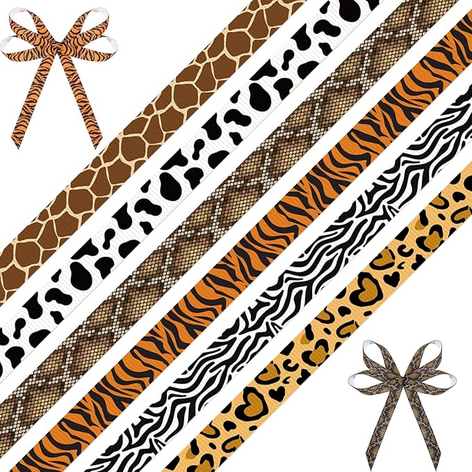 6 Rolls Animal Print Ribbon Set, 3/8 Inch x 5 Yard Safari Ribbons, Leopard, Zebra, Tiger, Cow, Snake, Giraffe Patterns Ribbons for DIY Crafts, Hair Bows, Gift Wrapping, Party Decor