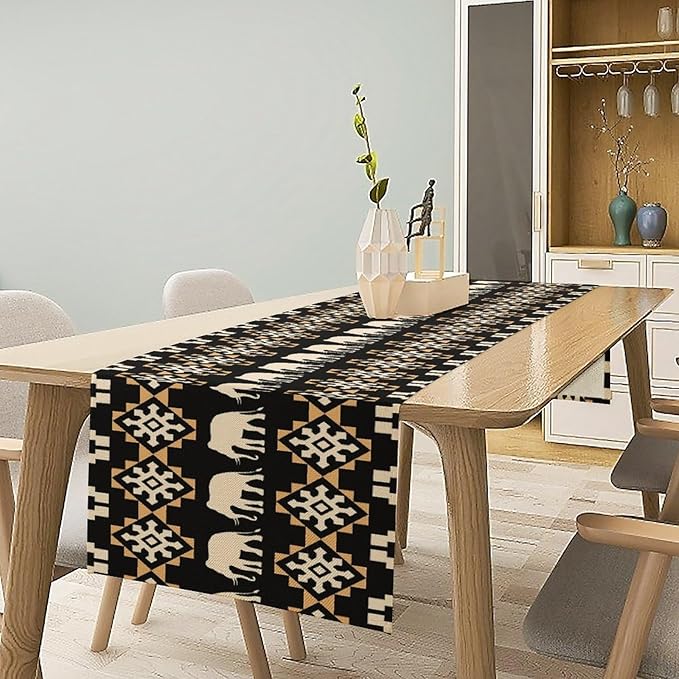 African Table Runner, African Art Elephants Geometric Tribal Ethnic Table Runner for Dining Kitchen Farmhouse Party Coffee Home 13x90in