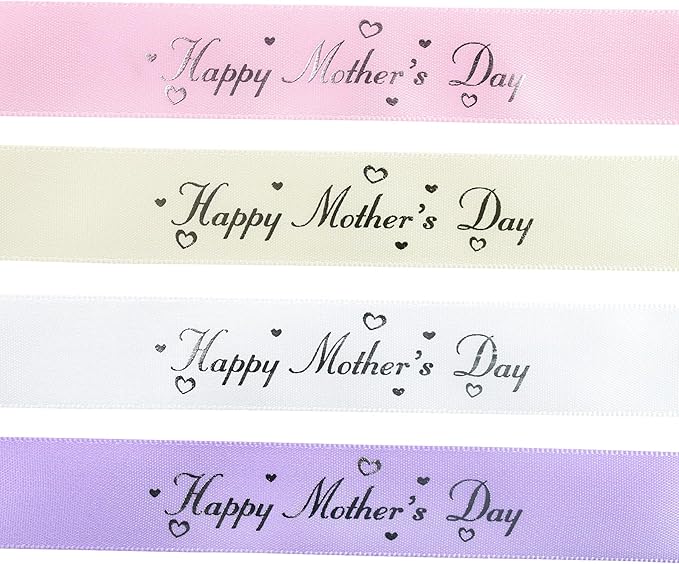 Mother’s Day Ribbon Set – 4 Rolls Satin Gift Ribbons with Gold Foil Letters – 5 Yards Each, 19mm – Happy Mother's Day – Gift Wrap, Crafting, DIY Decoration (4)