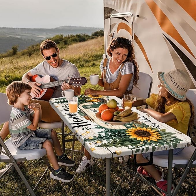 Picnic Table Cover with Bench Covers Camping Essentials Green Checkered RV Forest Sunflower Wooden Outdoor Table Covers with Elastic Waterproof Camping Tablecloth for Indoor & Outdoor 3 PCS 30x96 Inch