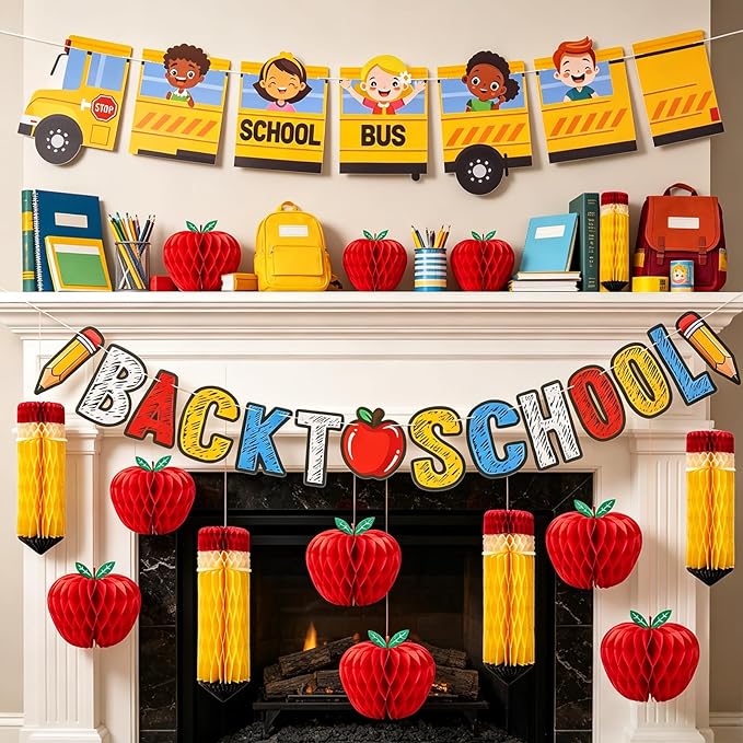 Back to School Party Decoration Set School Bus and Colorful Letters with Apple and Pencil Hanging Honeycomb Decorations
