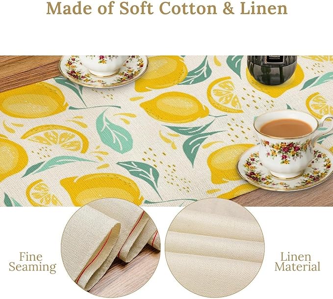 Spring Yellow Lemon Table Runner, Hello Summer Seasonal Exotic Fresh Fruits Plants Branch Leaves Print Table Cover for Farmhouse Kitchen Table Party Decor, 13x36inch
