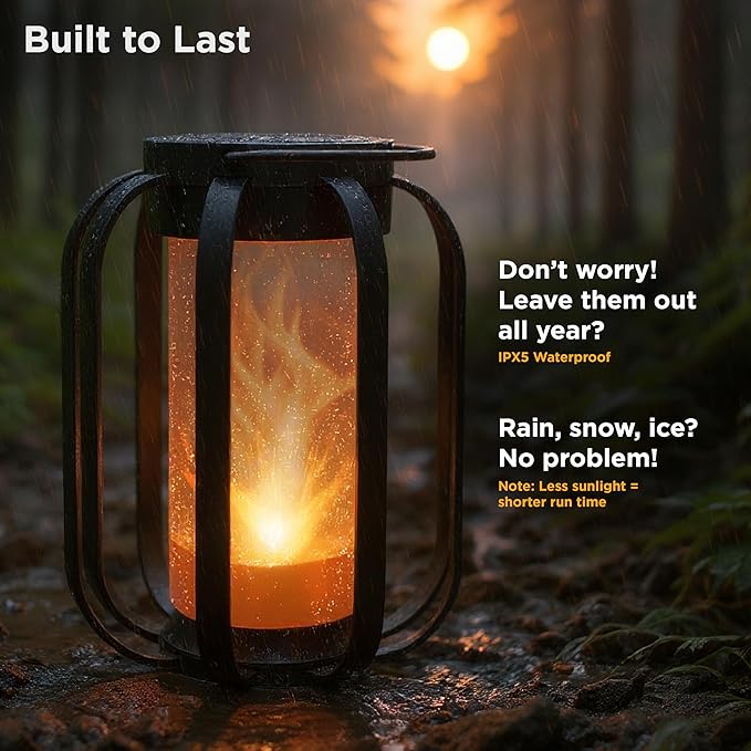 FoxFlame Modern Solar Lanterns Outdoor Waterproof - Patented Flickering LED Flame Effect, IP65 Waterproof, Matte Black Finish, Hanging Solar Lights for Outside for Patio, Garden, Porch(2 Pack)