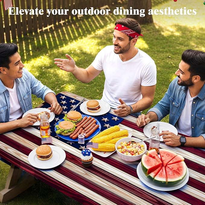Picnic Table Cover with Bench Covers Windproof Waterproof Picnic Table Covers Camping Tablecloth with Self-Storage Bag, 72in, Vintage Wood Flag