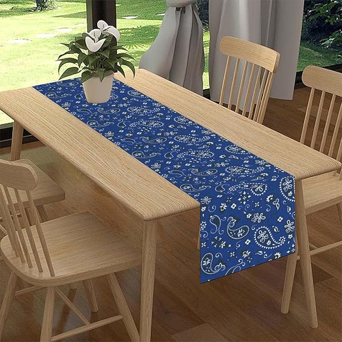 Blue Paisley Table Runner, Vintage Damask Antique Floral Flower Boho Damask Swirled Rustic Coffee Table Center Decor for Family Kitchen and Living Room Outdoor Table Decorations, 13"x90"