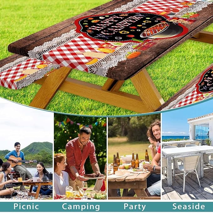 Happy Camper Picnic Table Cover with Bench Covers Elastic Edges, Wooden Red Plaid Fitted Table Cover, Outdoor Patio Camping Essentials 72 Inch 3PCS, Waterproof Fitted Tablecloth with Drawstring Bag
