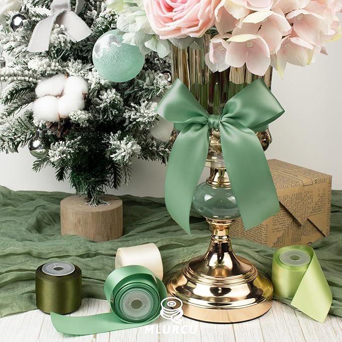 Green Ribbon 1-1/2 Inch Assorted Sage, Olive, Moss, Lime, Dusty Green, Ivory, Double Faced Satin Ribbons Set for Wedding, Flower Bouquet, Gift Wrapping, Hair Bow Crafts - 30Yds