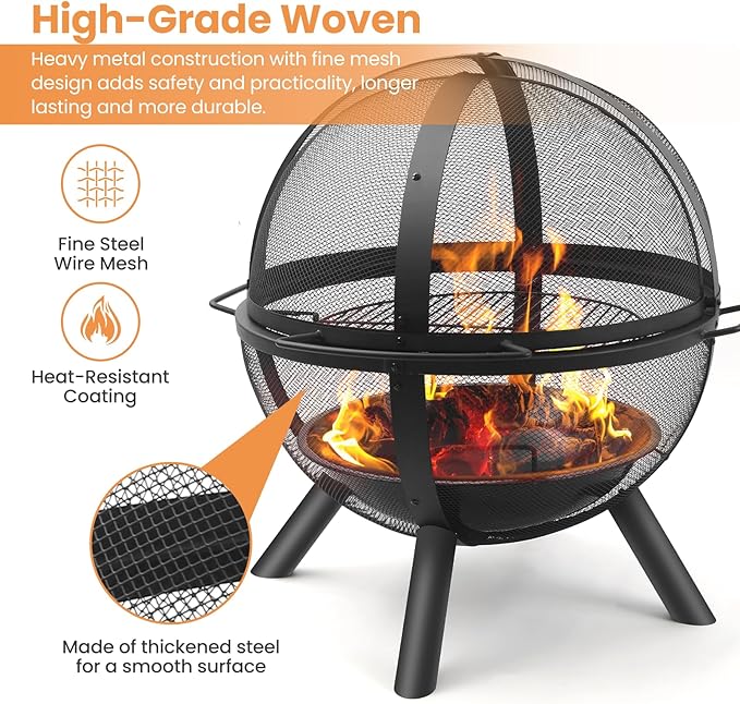 Ikuby Ball of Fire Pit fire Ball with BBQ Grill fire Globe Pit Large Round fire Pit,Patio Fire Pit Fireplace for Camping, Heating, Bonfire and Picnic, Black, 33.85*32.67*35in, (BLKFP-001)