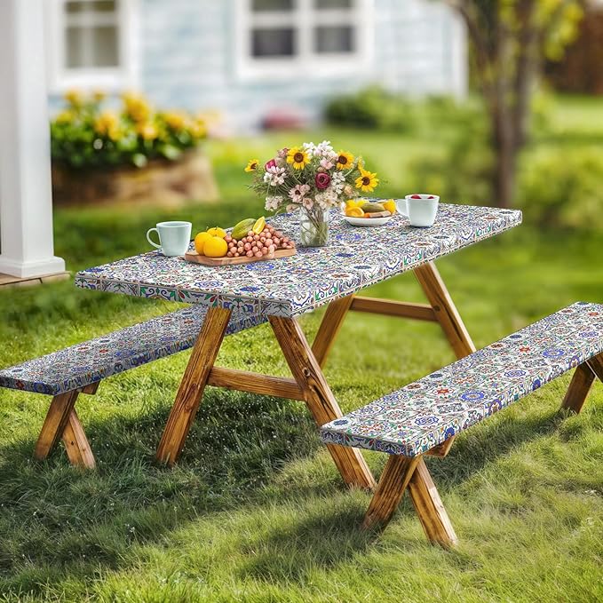 Picnic Table Cover with Bench Covers, Camping Essentials, Buffalo Plaid Waterproof Windproof Camping Tablecloth, Fitted Tablecloth Cover with Elastic Edge, for Garden & Outdoor, 3 PCS, 30x60 Inch