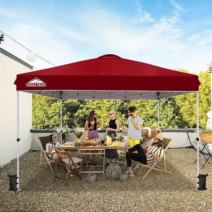 EAGLE PEAK Pop Up Canopy Tent with Wheeled Carry Bag, 8 Stakes, 4 Ropes, 4 Weight Bags, Easy Set Up Tent Canopy, 12x12 ft, 144sqft of Shade, Burgundy