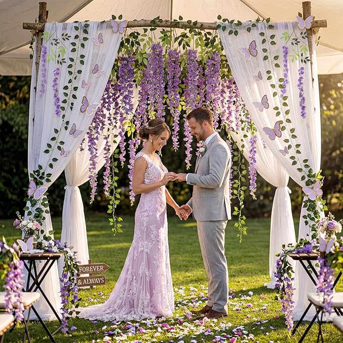 Canlierr 58 Pcs Fairy Party Garland Decoration Artificial Wisteria Hanging Flowers Garland 3.6 Feet Vine Rattan Ivy Greenery Butterfly Decor for Spring Home Garden Wedding Party (Purple)