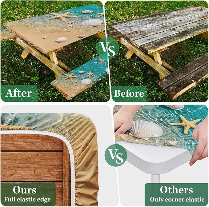 Picnic Table Cover with Bench Covers Elastic Edges, Beach Fitted Table Cover, Outdoor Patio Camping Essentials 96 Inch 3PCS, Waterproof Camping Fitted Tablecloth with Drawstring Bag
