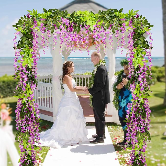 Lvydec Wisteria Artificial Flowers Garland, 4 Pcs Total 28.8ft Artificial Wisteria Vine Silk Hanging Flower for Home Garden Outdoor Ceremony Wedding Arch Floral Decor (Purplish Red)