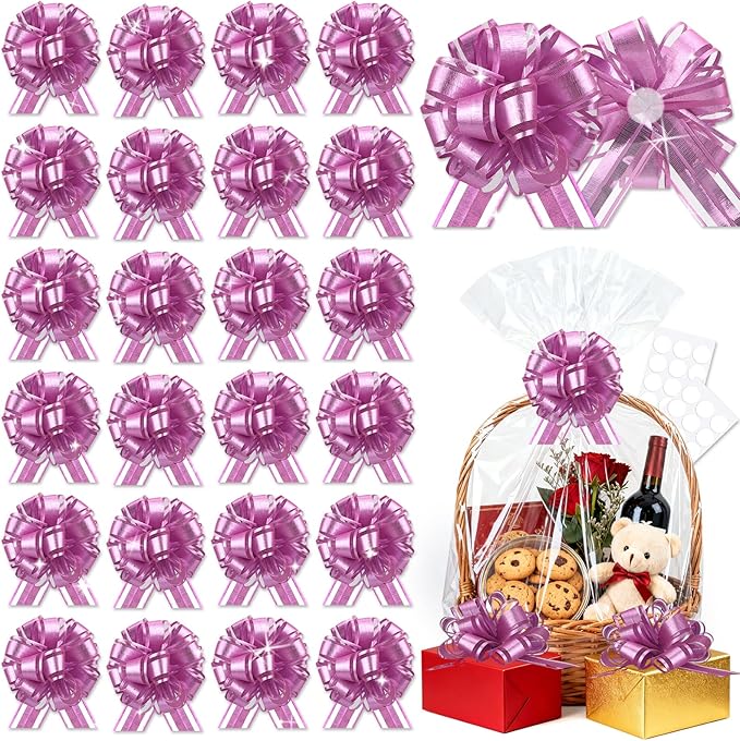 24pcs Pink Pull Bow for Gift Basket Wrapping Xmas Gift Bows Presents Adhesive Wrap Ribbon Bow for Christmas Tree Bottles Bouquet Flower Valentine's Day Party Decor (Pink-G)