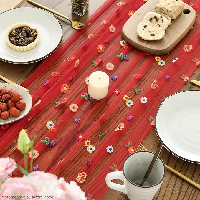 Artoid Mode 3PCS Red Embroidery Daisy Gauze Table Runner 120 Inch 10FT, Seasonal Sheer Dining Holiday Wedding Birthday Table Decor for Home Party