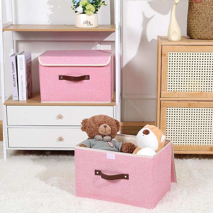 ANMINY 2PCS Storage Bins with Lid PU Leather Handles Storage Boxes PP Plastic Board Decorative Foldable Lidded Cotton Linen Fabric Home Cubes Baskets Closet Organizer Containers - Pink, Large Size