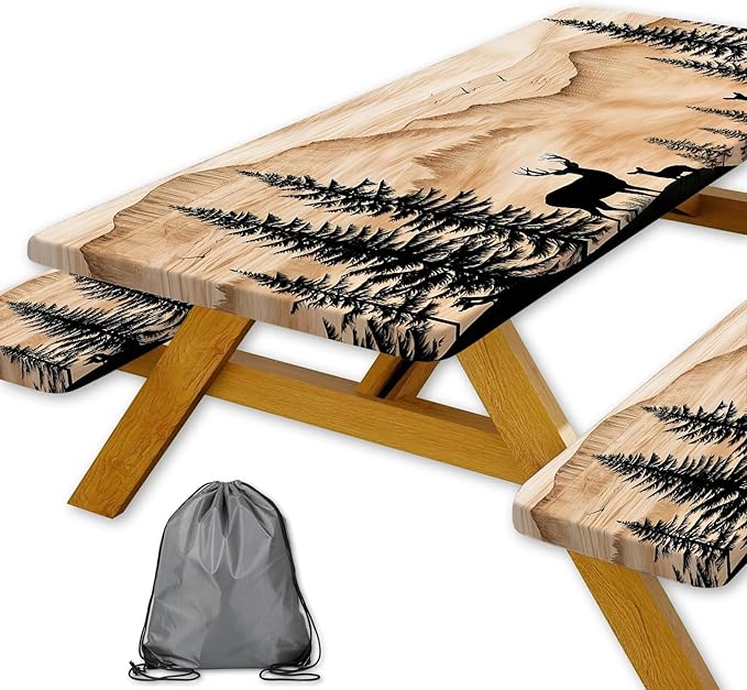 Picnic Table Cover with Bench Covers Camping Essentials Rustic Hunting Deer Forest Waterproof Windproof Camping Tablecloth Fitted Tablecloth Cover with Elastic Edge for Indoor Outdoor 3 PCS 30x96 Inch