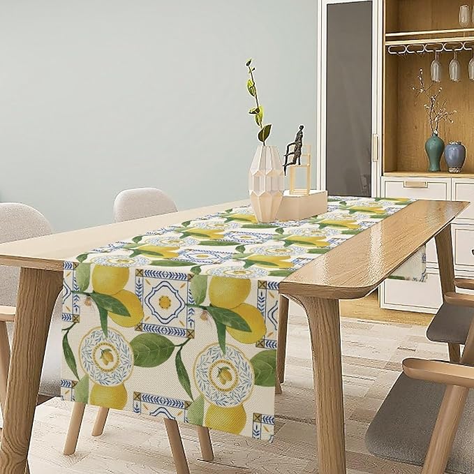Tiles Lemon Table Runner, Watercolor Italian Tile Floral Plant Print Table Runner for Farmhouse Coffee Home Kitchen Dining Outdoor Party 13x60in