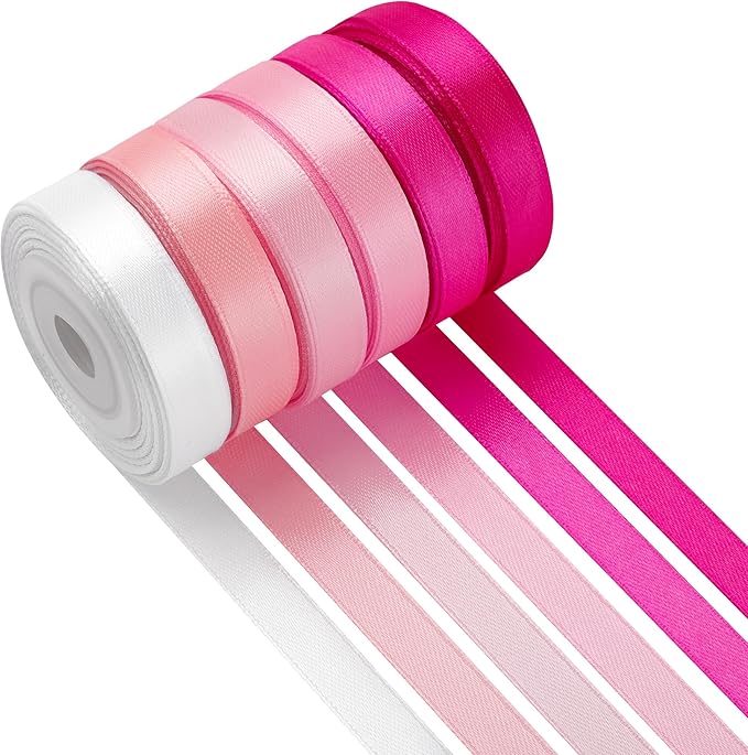 LIUYAXI Pink Double Face Satin Ribbon 3/8 Inch x 6 Rolls Total 60 Yards- White Pink Ribbon for Gift Wrapping, Crafts, Flower Bouquets, Hair Bows, Wedding,Valentine's Day