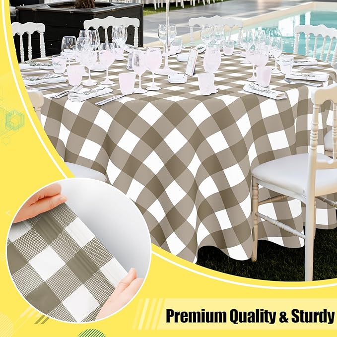 Smiry 3 Pack Khaki Gingham Disposable Tablecloths, 84 Inch Round Heavy Duty Plastic Table Cloth, Waterproof Buffalo Plaid Table Covers for Picnic, Banquets, Outdoor Parties