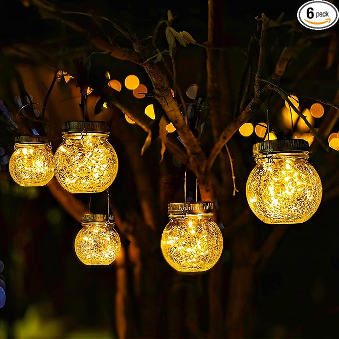 Cooo 6 Pack Crackle Glass Solar Lantern with 30 LED Firefly Lights– Waterproof Outdoor Hanging Lamp 215% Larger Solar Panel, Anti-Rust Lids Decorative Lighting for Garden Patio Table