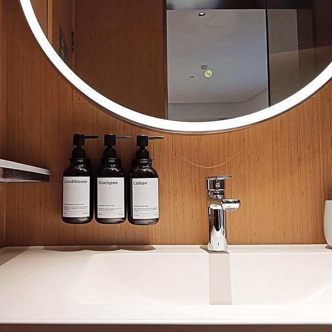 Shampoo Dispenser for Shower Wall, Shampoo and Conditioner Dispenser with 16 Waterproof Labels, Shower Dispenser 3 Chamber No Drill, Shower Soap Dispenser Wall Mounted for Bathroom, 17oz, Amber