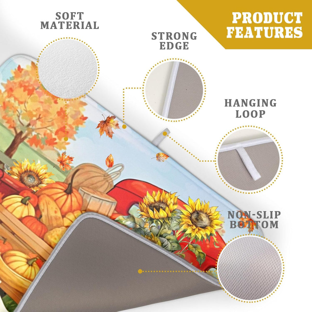 Autumn Pumpkin Red Truck Dish Drying Mat for Kitchen Counter,Fall Leaves Sunflower Cue Dog Harvest Drying Mat 18 x 24 Inch Microfiber Dish Drying Pad