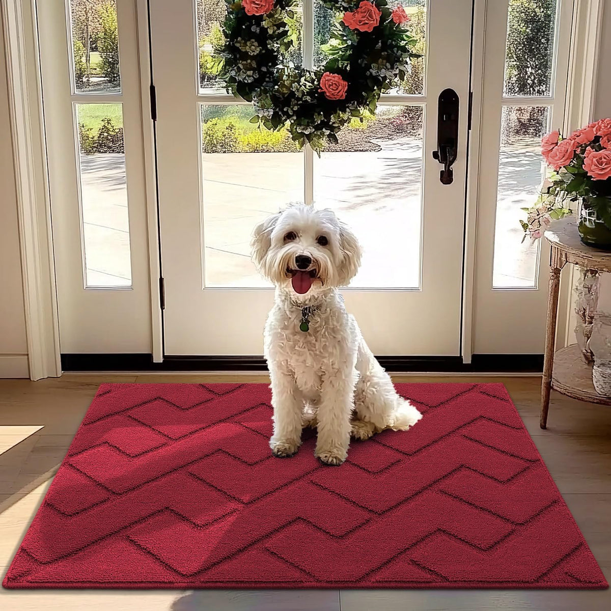 hicorfe Front Door Mat Outside Entrance,32"x40" Absorbent Muddy Dirt Resist Welcome Door Mats Outdoor Indoor,Stain and Fade Resistant,Non Slip Backing Entry Mat Doormat for Entryway(Red)