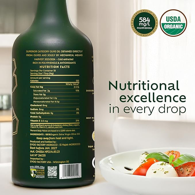 Noor FÈS USDA Organic Extra Virgin Olive Oil, 584 mg/kg High in Polyphenols, 100% Unrefined, Moroccan Cold Extracted Evoo, Less than 0.15% Acidity