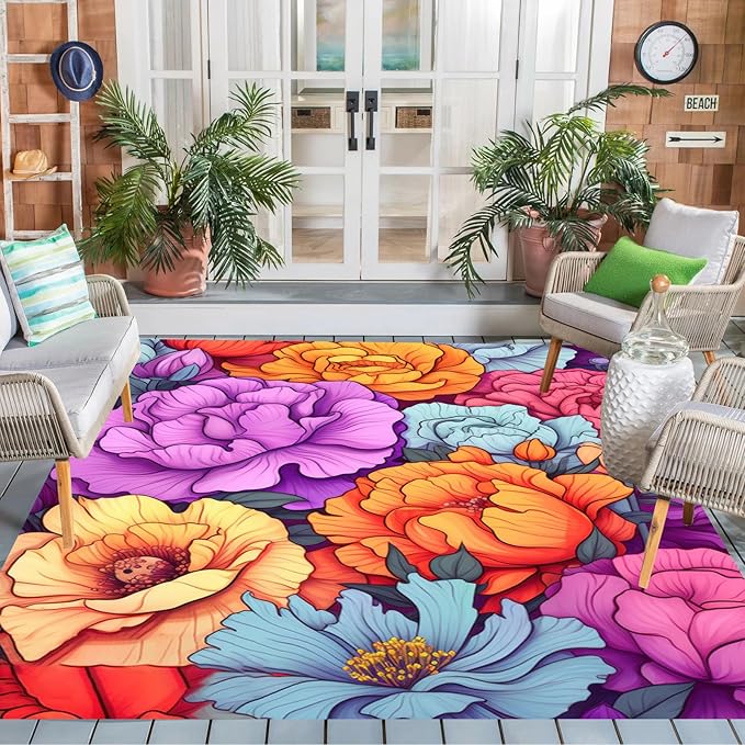 Easy Clean Floral Outdoor Rug 7x10 Yellow Purple Machine Washable Area Rugs for Patio Balcony Camping Pool Garden Non Slip Waterproof Outside Carpet Vibrant Low Pile Porch Mat