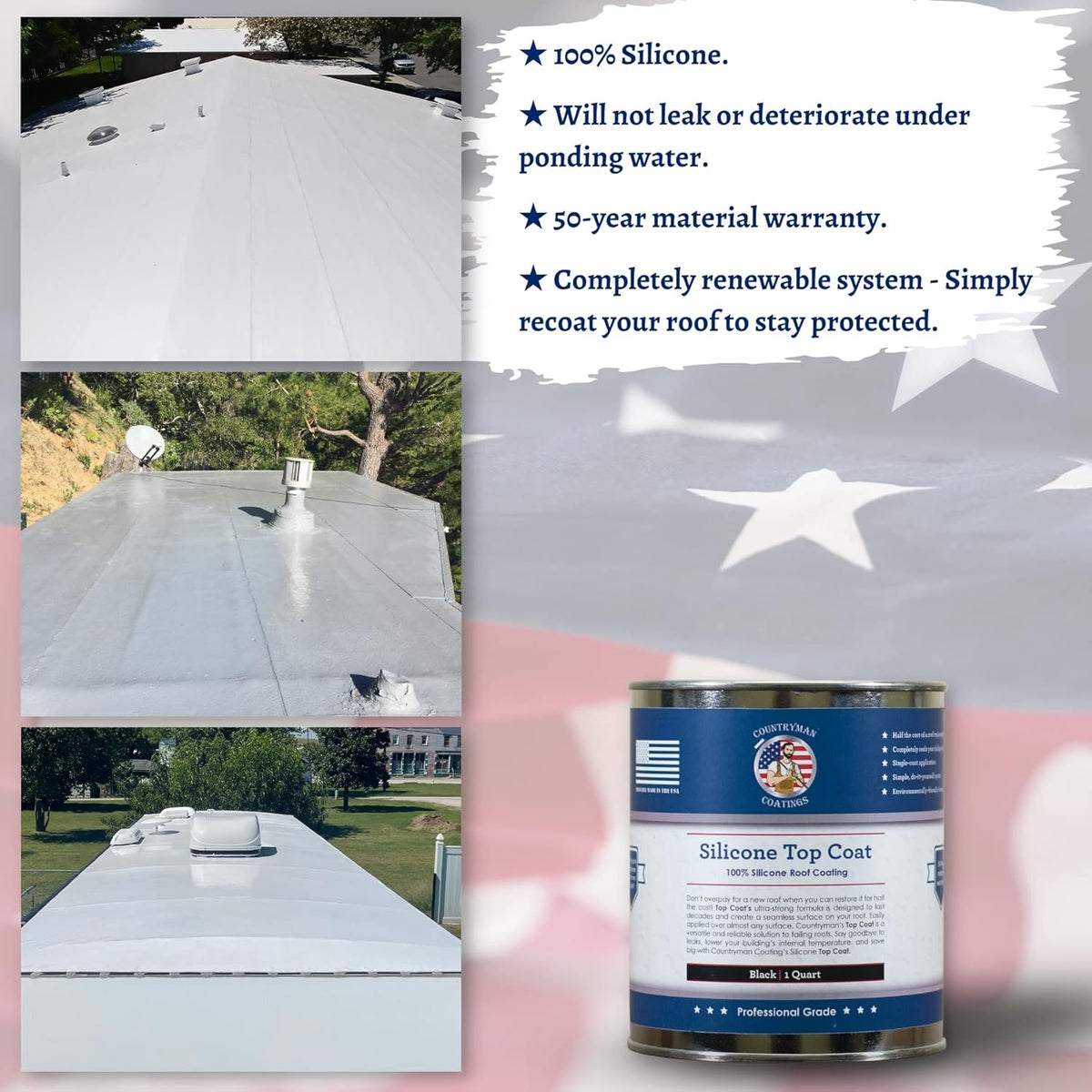 Countryman Coatings - 100% Silicone Roof Coating - Restore Your Roof in a Day - Seal Leaks, Cracks, Seams, Penetrations - Adheres to All Surfaces (1 Quart, Black)