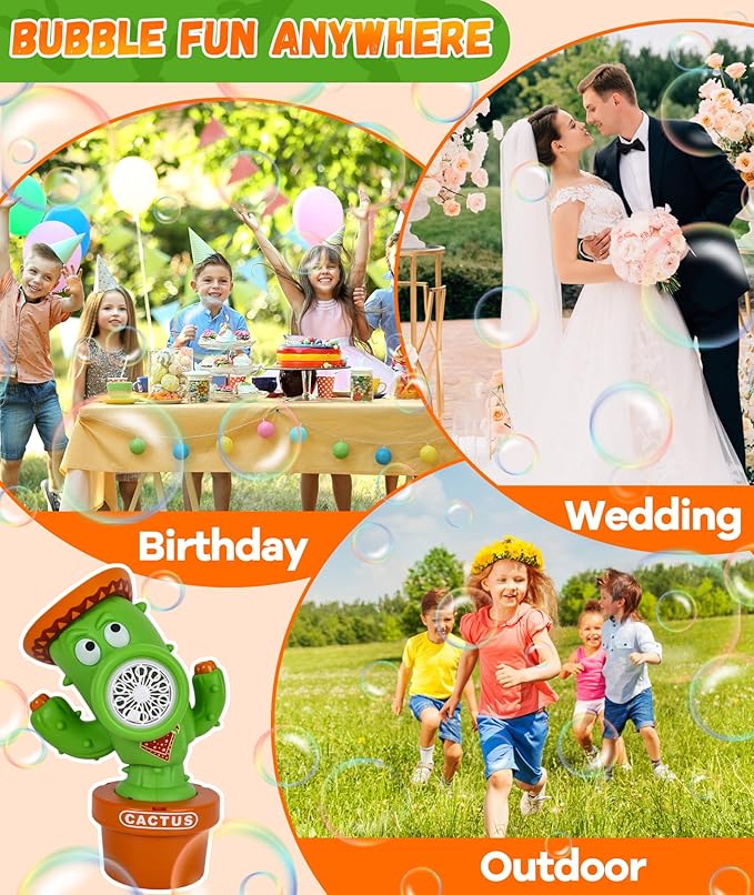 Bubble Machine for Kids, Rechargeable Cactus Bubble Maker with Lights & Music, Dancing Bubble Machine Toy with Bubble Solution Included, Outdoor Summer Toys for Kids, Birthday Party & Gift