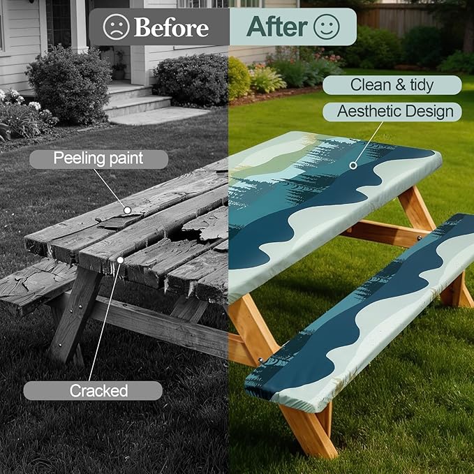 Picnic Table Cover with Bench Covers Camping Essentials Waterproof Windproof Camping Tablecloth with Drawstring Bag, Fitted Rectangle Tables and Seats, 72in, Green Blue