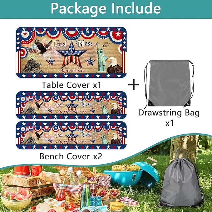 JAWO Patriotic 4th of July Picnic Table Cover with Bench Covers, Waterproof American Flag Eagle Tablecloth with Elastic Edge, Lightweight Camping Essentials for Rectangle Tables with Carrying Bag,96in