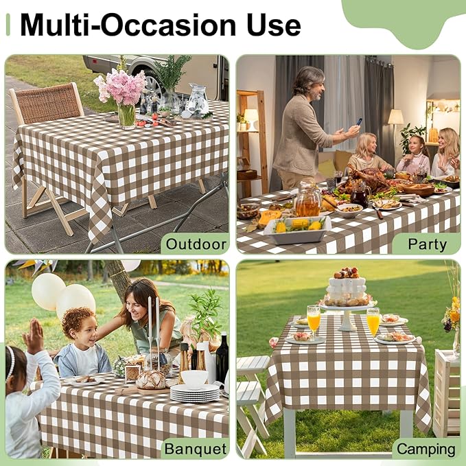 Smiry 6 Pack Brown Gingham Disposable Tablecloths - 54" x 108" Heavy Duty Plastic Table Cloth, Waterproof Buffalo Plaid Table Covers for Picnic, Banquets, Outdoor Parties