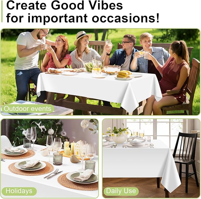 QIKSION White Plastic Table Cloth Disposable 2 Pack, 54 x 108 Inch Tablecloths for Party, Picnic, Birthday, Rectangle Table Cover